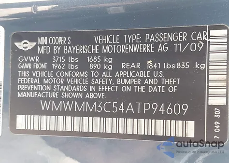 2010 Mini Cooper S Clubman z USA, uszkodzony, nr VIN WMWMM3C54ATP94609